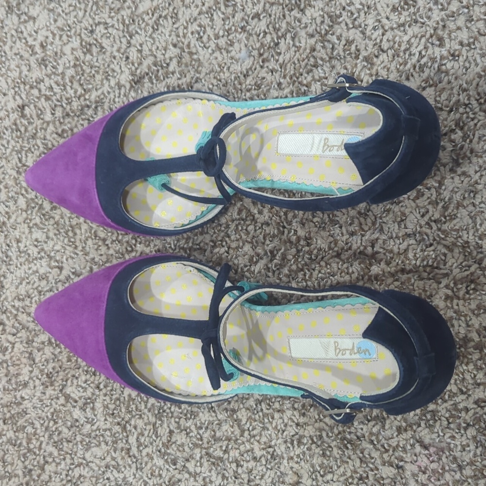 Boden Alice Suede T-strap Tassles High Heels Navy Blue Purple Size 42 Never Worn - Picture 7 of 11
